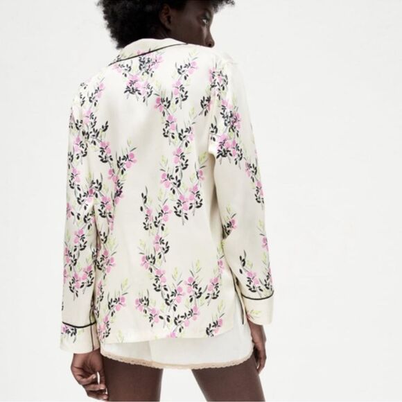 Zara Ecru printed piped floral button down shirt NWOT - Picture 4 of 14